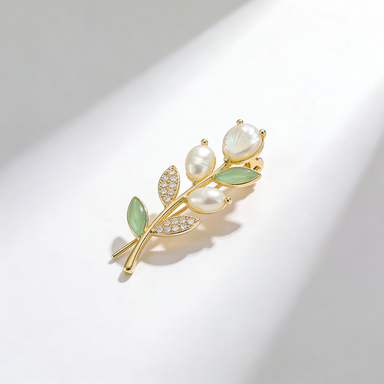 Green Leaf & Pearl Brooch