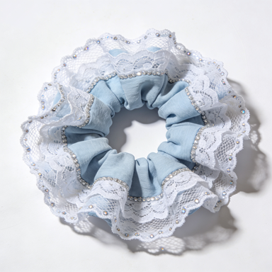 Blue Rhinestone Lace Scrunchie