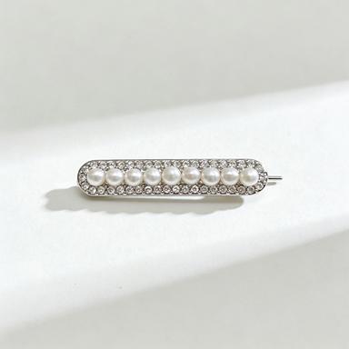 Pearl Bar Brooch with Crystal Border